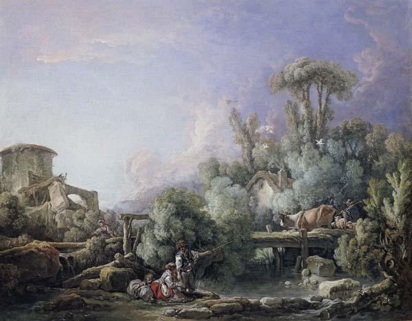 Francois Boucher Landscape with a Young Fisherman oil painting image